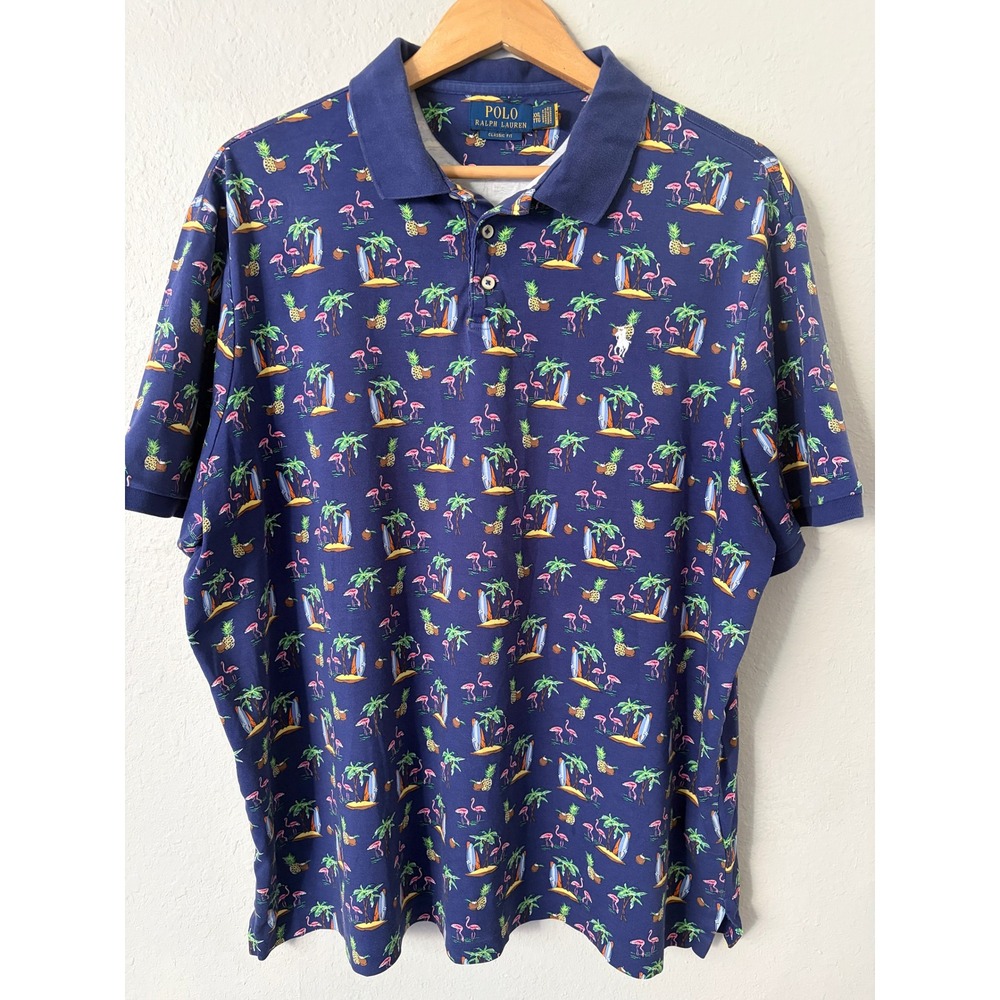 Polo Ralph Lauren Mens Tropical Flamingo Print Polo Shirt XXL Classic Fit Navy
